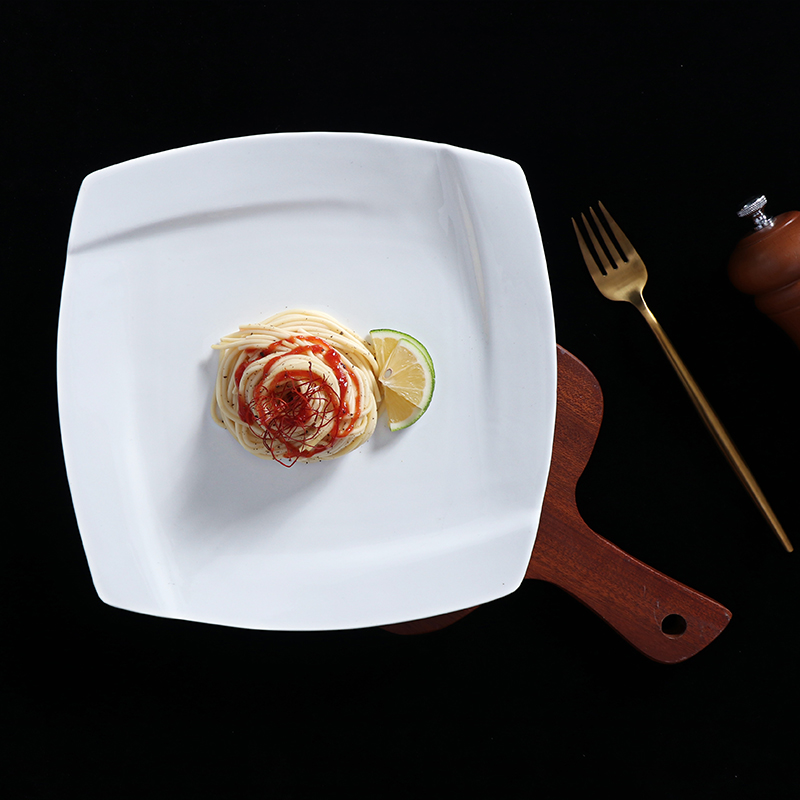 أواني طعام بيضاء للمطاعم، طبق عشاء مربع من السيراميك، طبق قابل للطي من البورسلين الأبيض