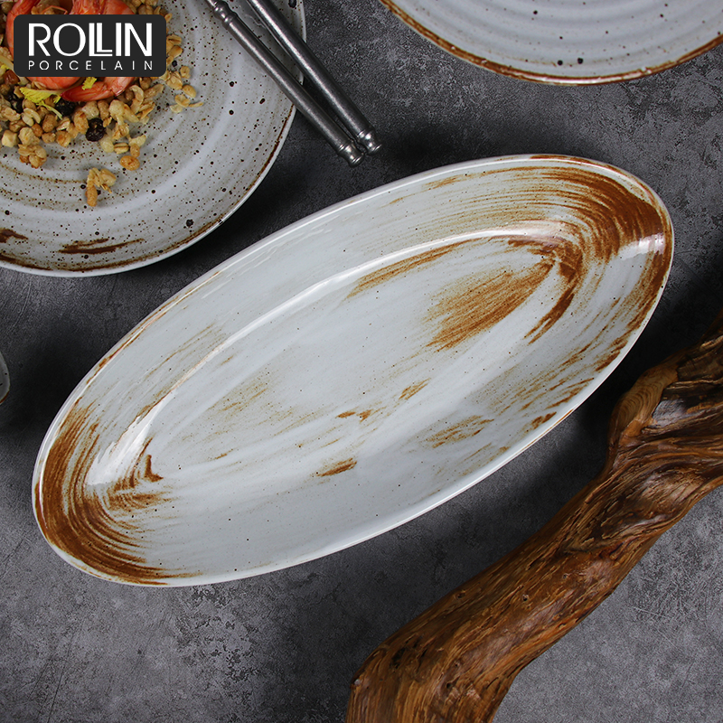 أطباق مخصصة أواني عشاء من البورسلين أطباق عشاء سيراميك أطباق أطباق بيضاوية من السيراميك للمطعم
